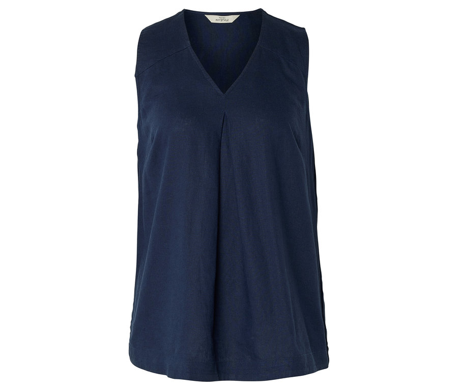 Tmavě modrý top bez rukávů s výstřihem do V leží na bílém pozadí.