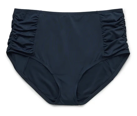 Tmavě modré bikiny s vysokým pasem a řasením na bocích na bílém pozadí.