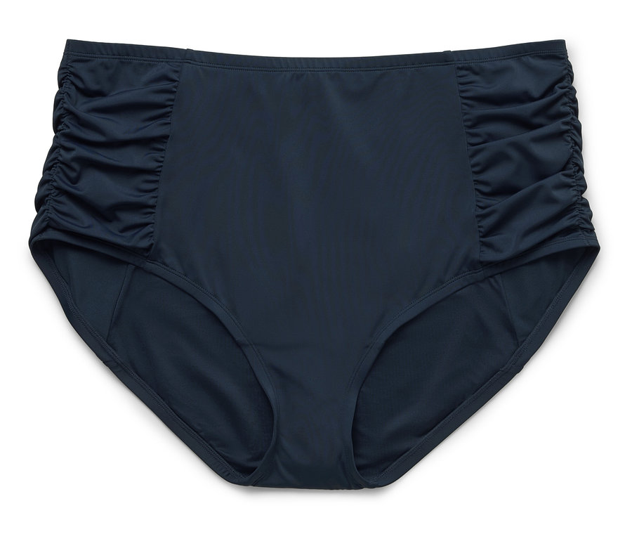 Tmavě modré bikiny s vysokým pasem a řasením na bocích na bílém pozadí.