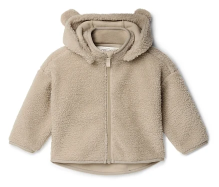 Béžová bunda z teddy fleecu s kapucí a medvědíma ušima.