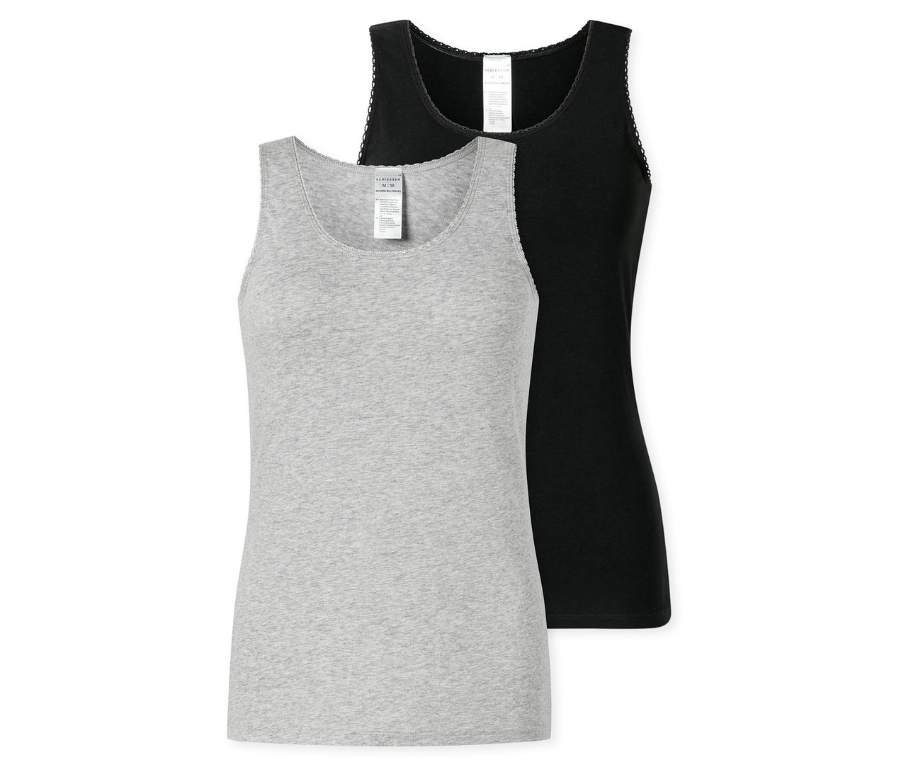 Dva topy SCHIESSER, jeden šedý a jeden černý, leží na sobě. Oba mají tenká ramínka a krajkový okraj.