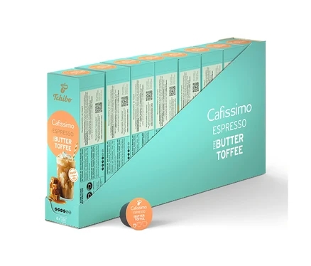 Řada balení kapslí Cafissimo Flavoured Espresso - Buttertoffee v tyrkysovém obalu.