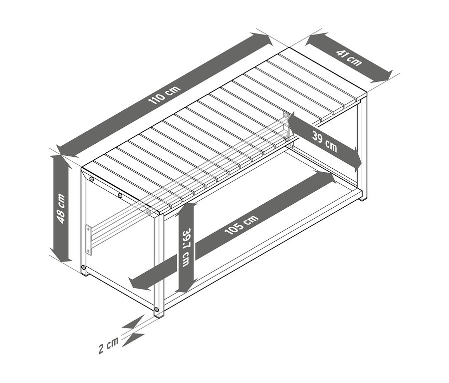 Technický výkres lavice s prostorem na krbové dřevo, 110 cm, s rozměry 110 cm délka, 48 cm výška a 41 cm hloubka. Úložný prostor má délku 105 cm, výšku 39,7 cm a hloubku 39 cm.