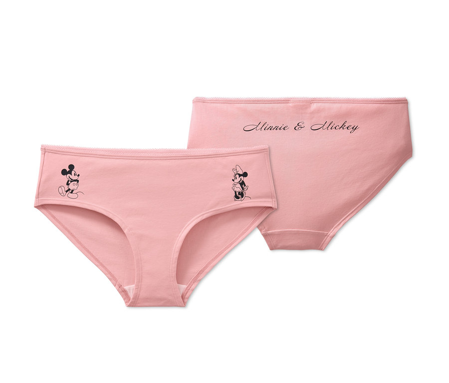Dvoje světle růžové kalhotky Disney, jedny s obrázkem Mickey Mouse a druhé s nápisem "Minnie & Mickey".