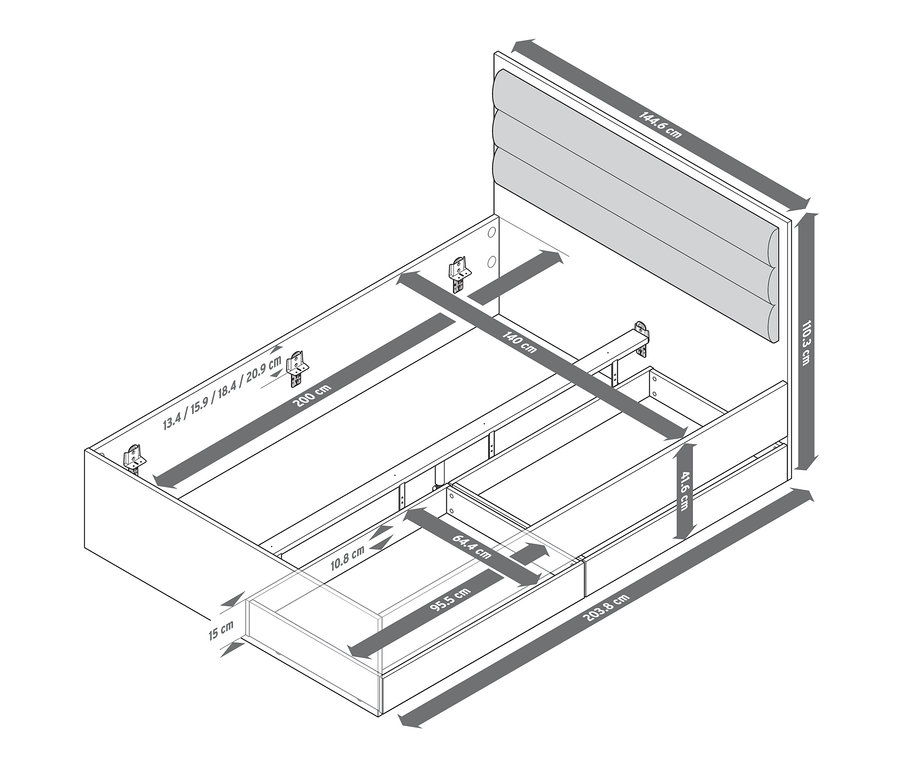 Nákres postele s úložným prostorem, cca 140 x 200 cm, s vyznačenými rozměry.