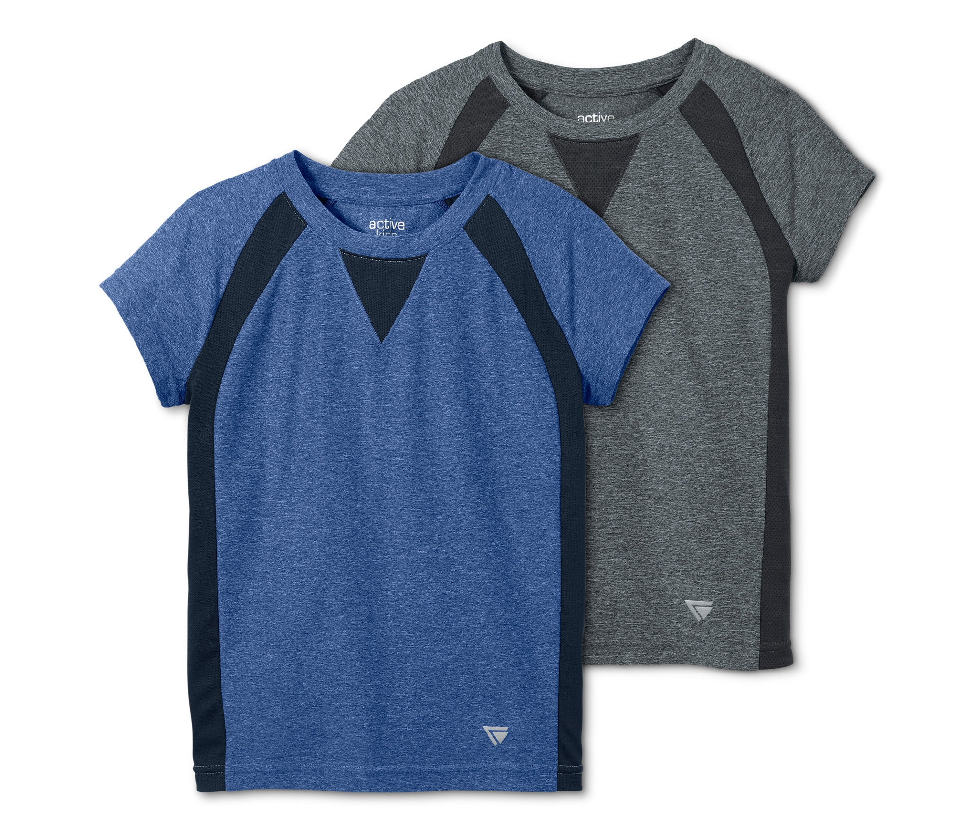 Dvě funkční trička: modré a šedé.