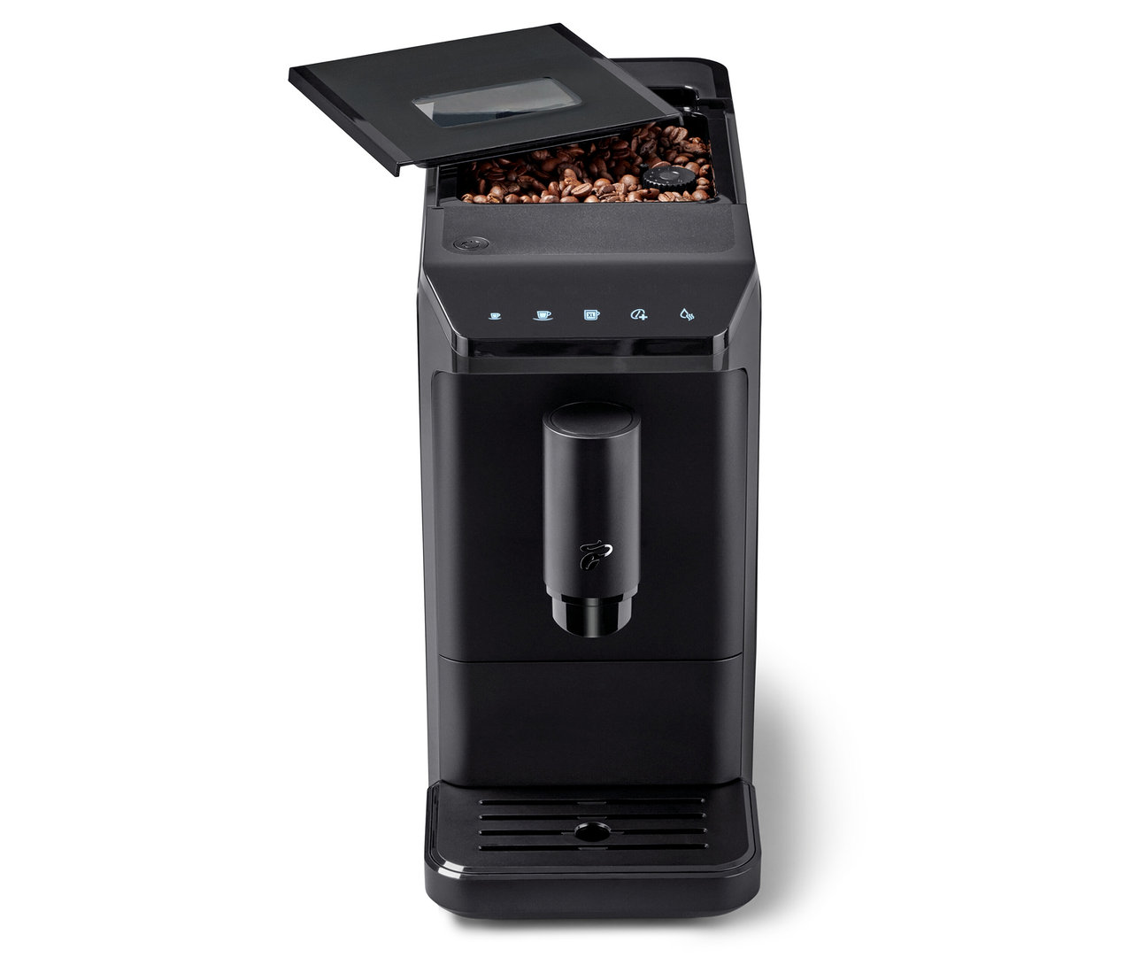 Černý kávovar »Esperto mini« s otevřeným zásobníkem na kávová zrna.