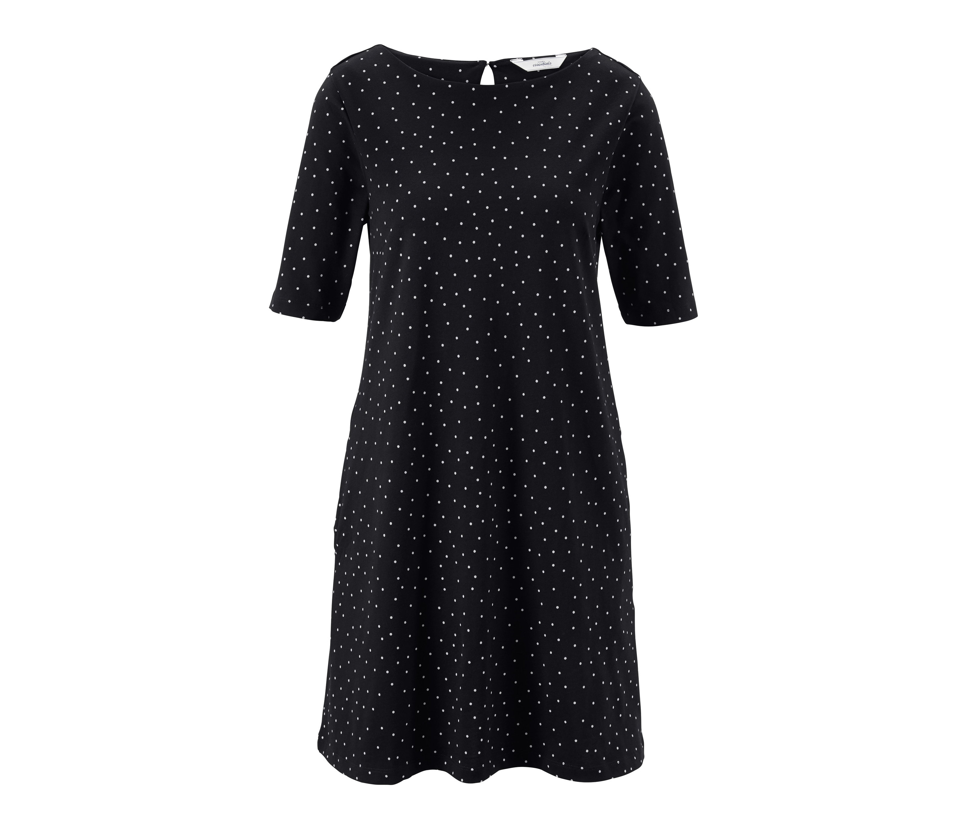 Černé žerzejové šaty s puntíky.