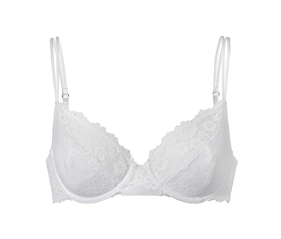 Bílá podprsenka s kosticemi a krajkou.