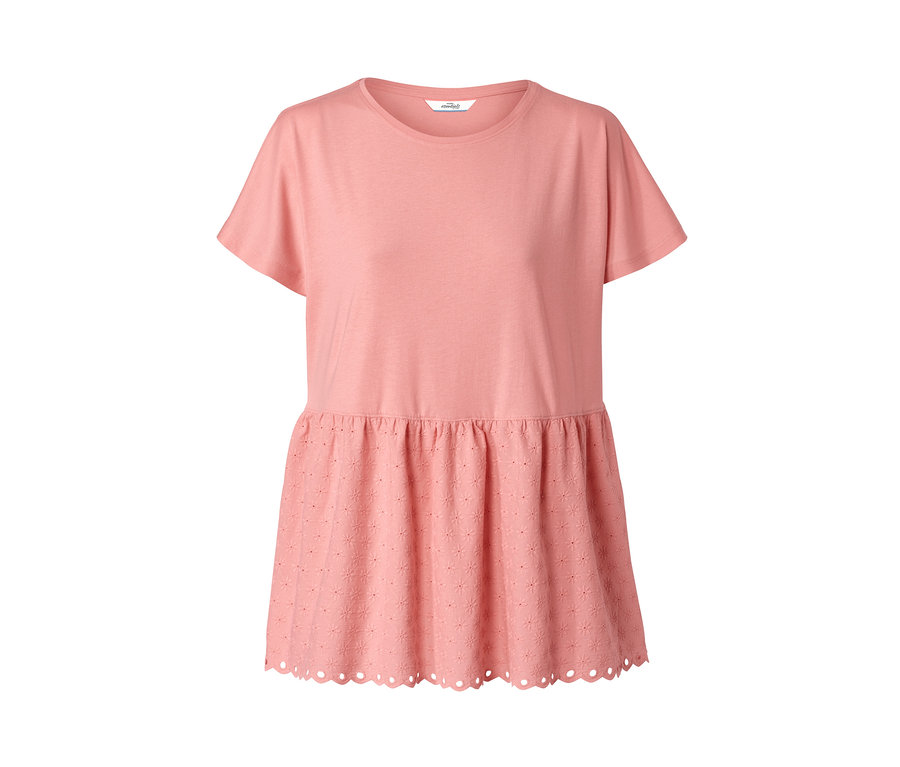 Koralové triko z kombinace materiálů s výšivkou.