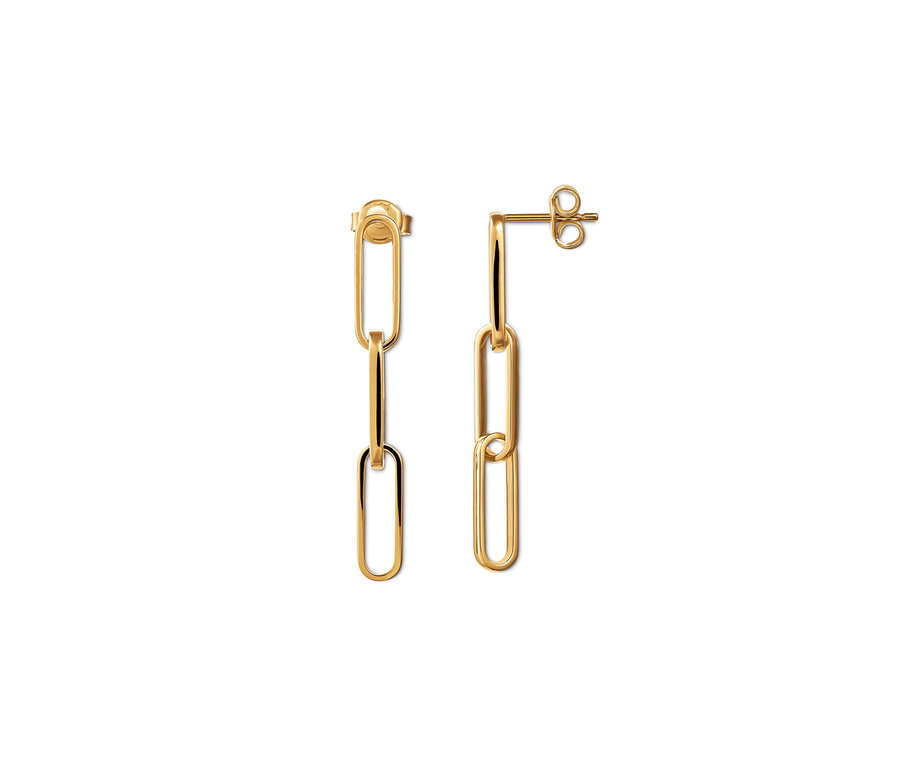 Dvoje pozlacené náušnice Pure Collection ze stříbra 925/1000 na bílém pozadí.
