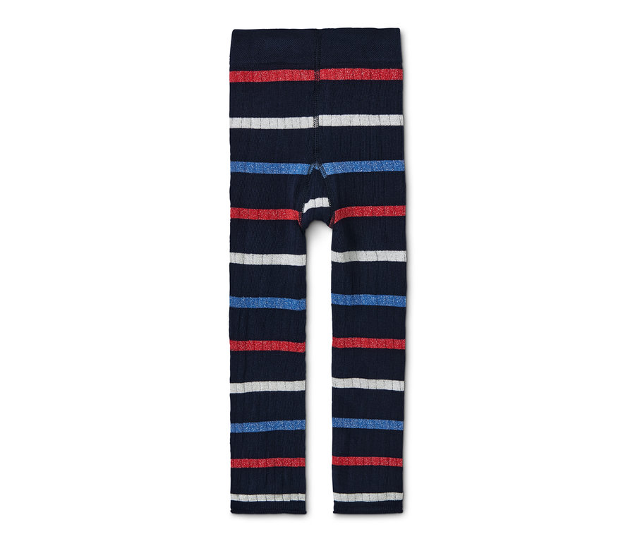 Dvoje pletené legíny s červenými, bílými a modrými vodorovnými pruhy na tmavě modrém pozadí.