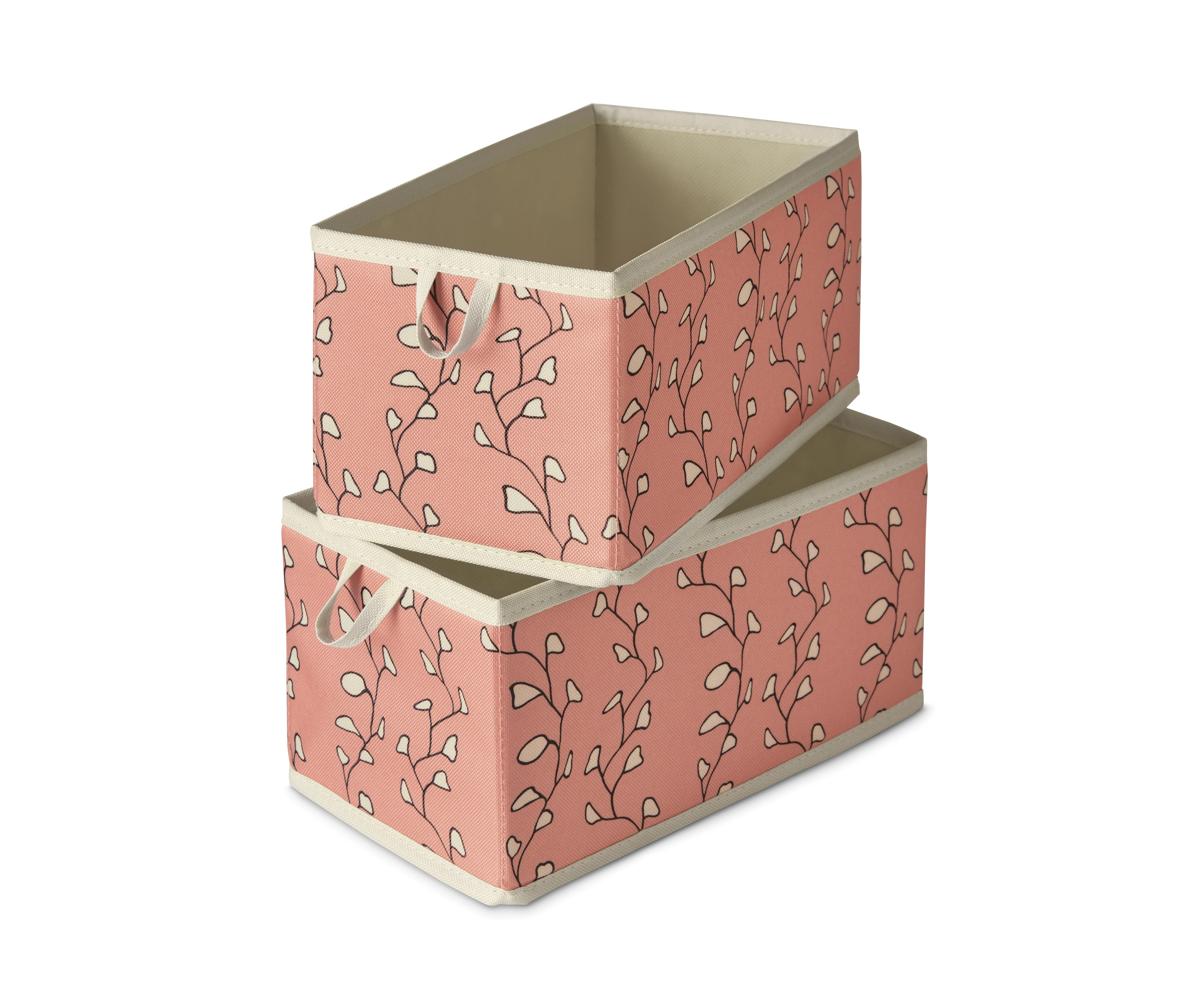 Dva střední úložné boxy do zásuvky na sobě. Boxy jsou růžové s béžovým lemem a potiskem listů.