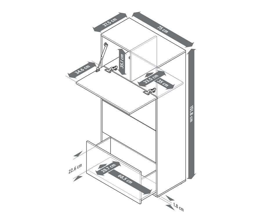 Schéma regálového modulu Flemming s rozměry zásuvek a výklopných dvířek.