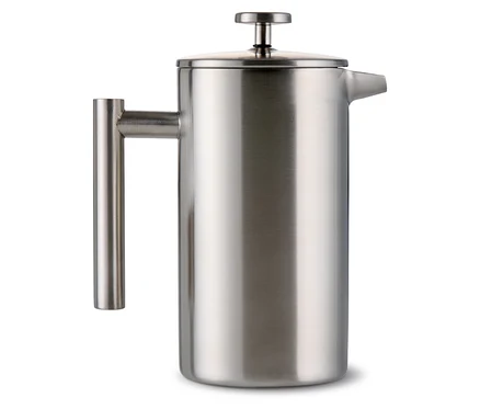 Stříbrná konvička french press 900 ml z dvoustěnné ušlechtilé oceli s uchem a hubičkou.