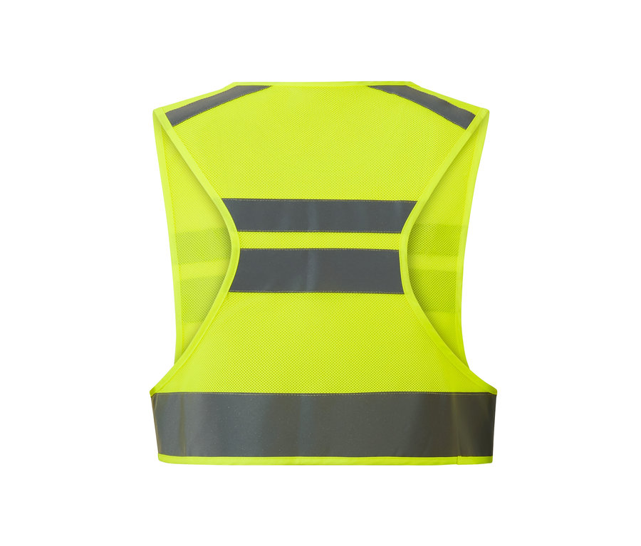 Pohled zezadu na reflexní vestu se stříbrnými reflexními pruhy.