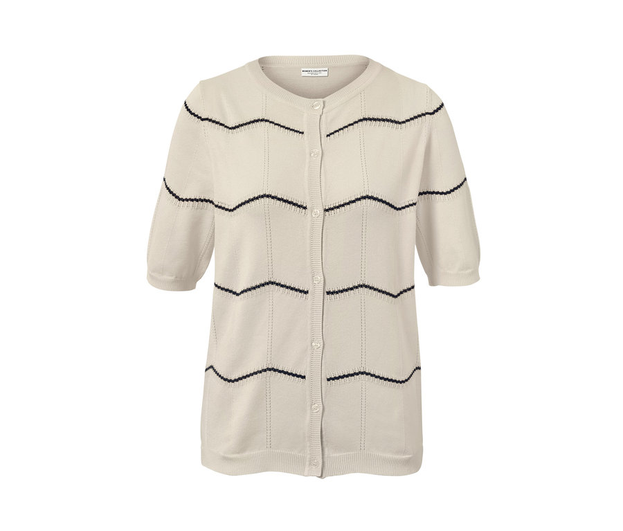 Béžový kardigan z jemného úpletu s ažurovým vzorem.