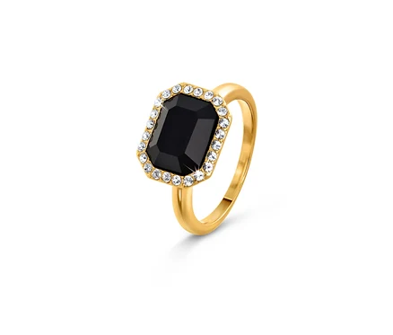 Zlatý prsten Royal Black s černým obdélníkovým kamenem a čirými krystaly.