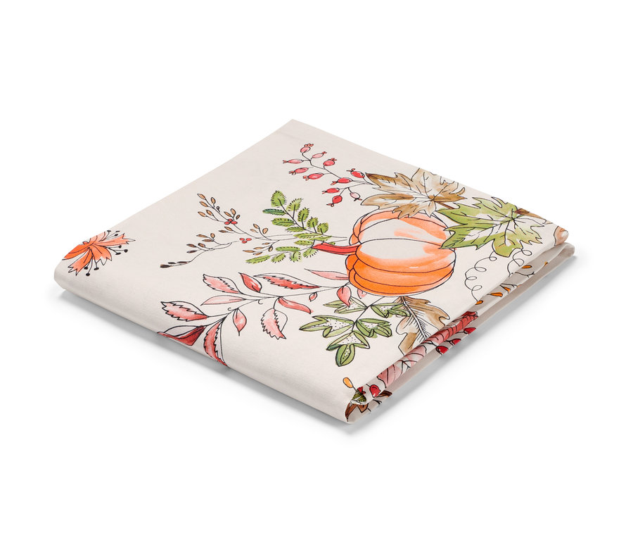 Složený ubrus cca 90 x 90 cm s motivem dýně a listů.