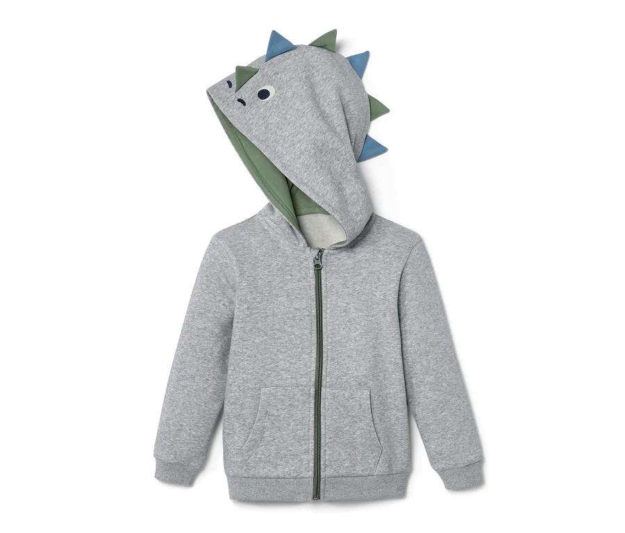 Šedá dětská mikina s dinosauří aplikací na kapuci.