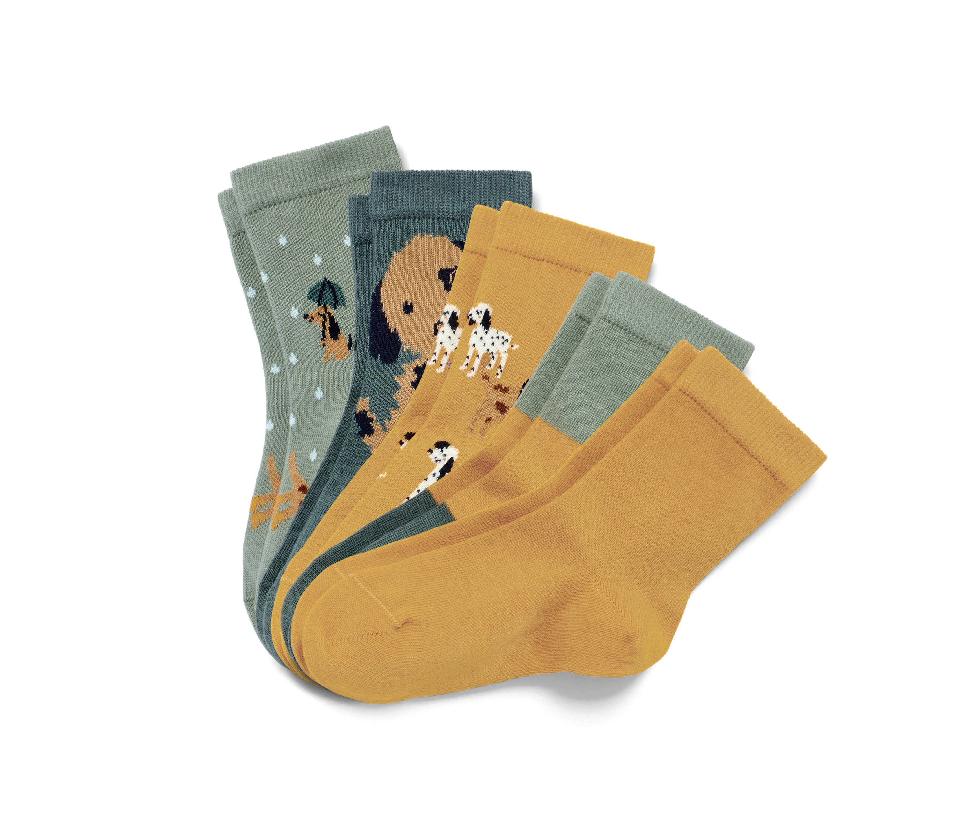 Zblízka pět párů dětských ponožek v zelené a žluté barvě.