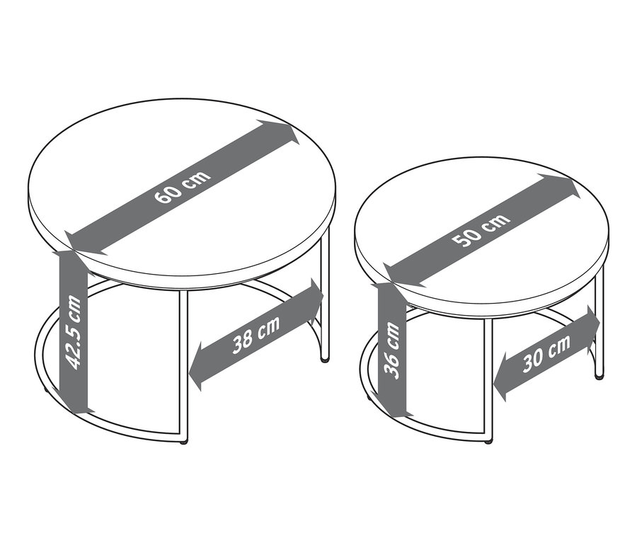 Dva konferenční stolky s kulatou betonovou deskou a rozměry.