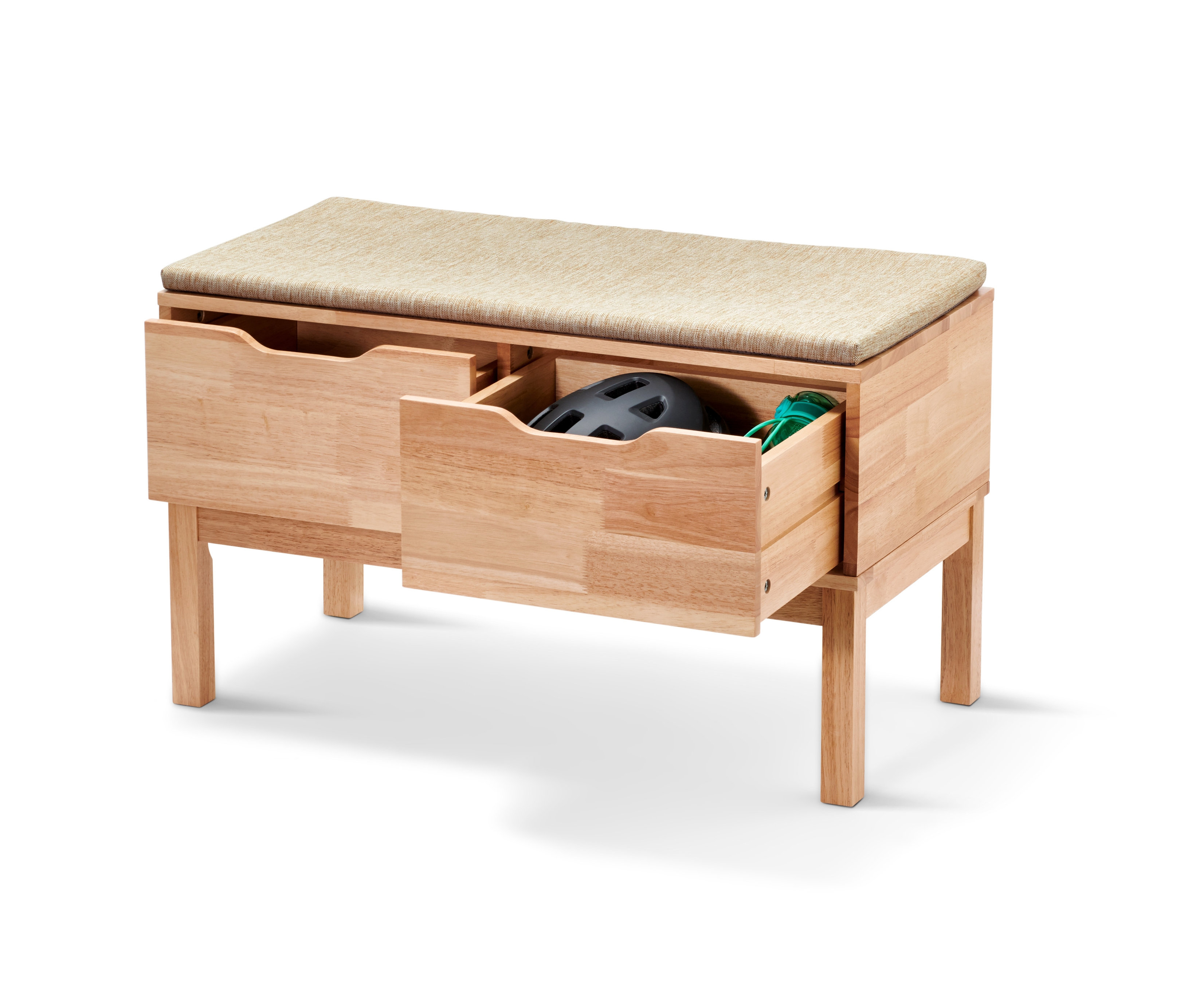 Lavice se zásuvkami s otevřeným šuplíkem, v němž je helma a rukavice.