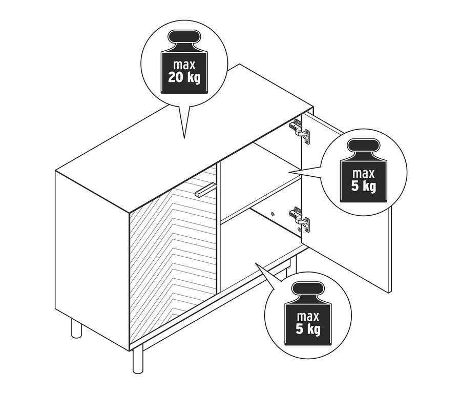 Černobílá ilustrace komody z jasanového dřeva s dekorativními čely dvířek, s otevřenými dvířky a popiskem o maximální nosnosti.