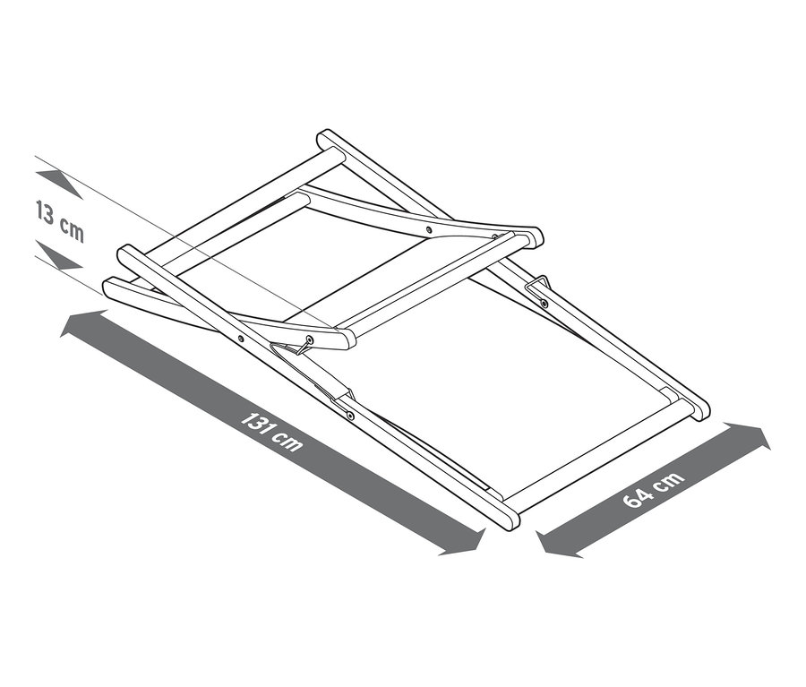 Ilustrace skládacího relaxačního křesla s rozměry 131 cm délka a 64 cm šířka.