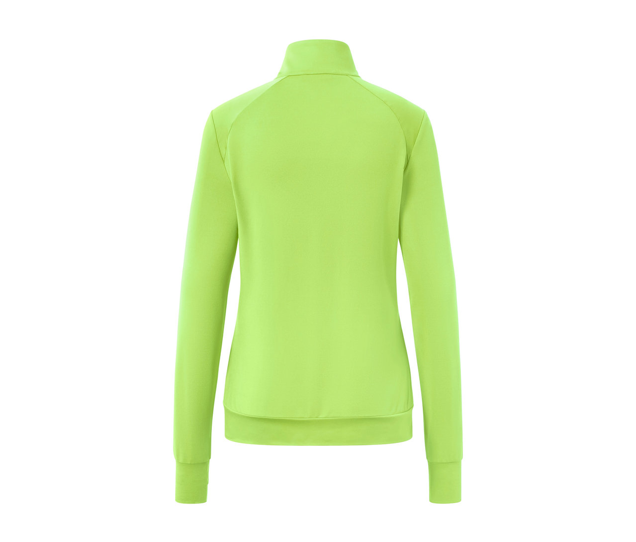 Zadní pohled na limetkovou funkční bundu.