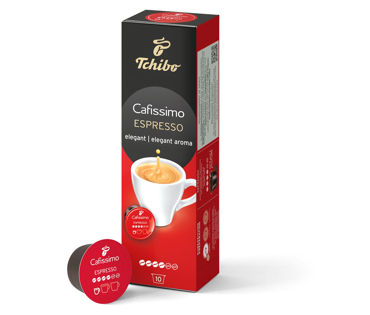 Balení Cafissimo Espresso elegant - 10 kapslí stojí vedle jedné kapsle.