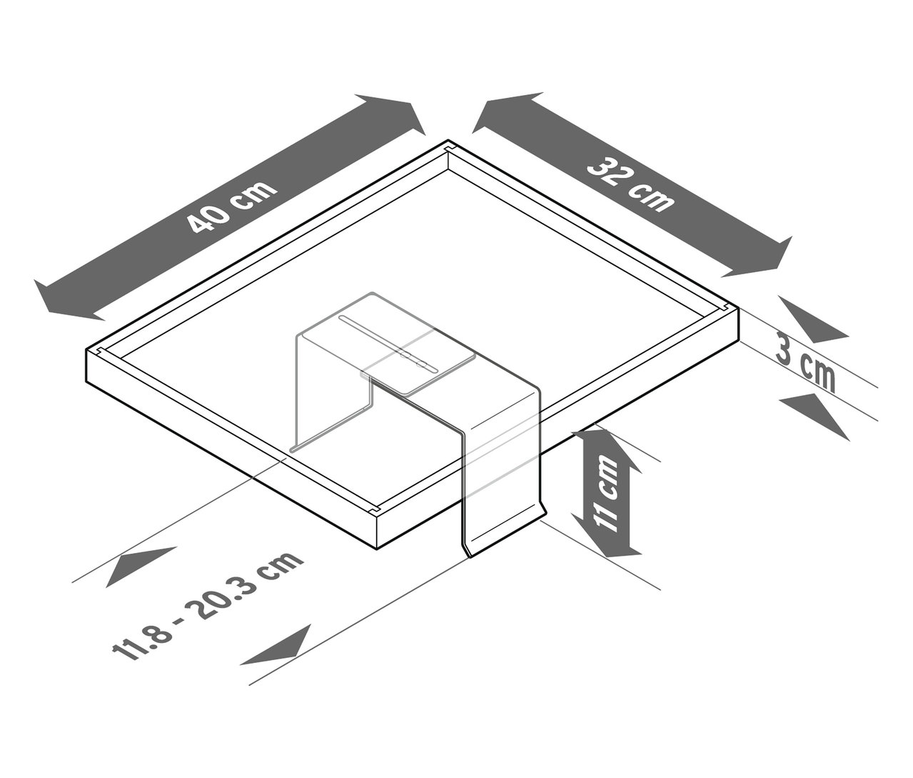 Diagram znázorňuje čtvercovou podložku o rozměrech 40 cm x 32 cm s výřezem a vyznačenými rozměry.