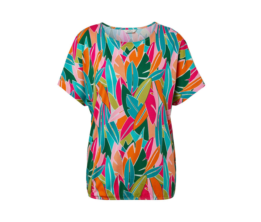 Halenkové tričko se spadlými rameny a celoplošným potiskem listů v zelené, růžové, oranžové a modré barvě.