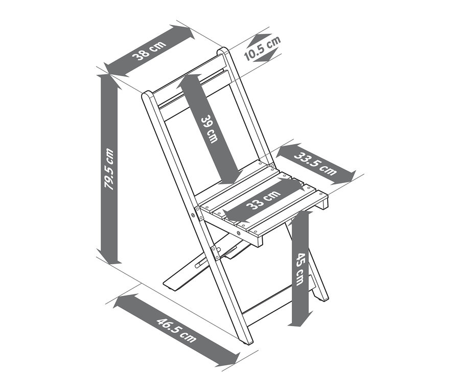 Nákres balkonové jídelní soupravy »Lenja« s regálem s vyznačenými rozměry.