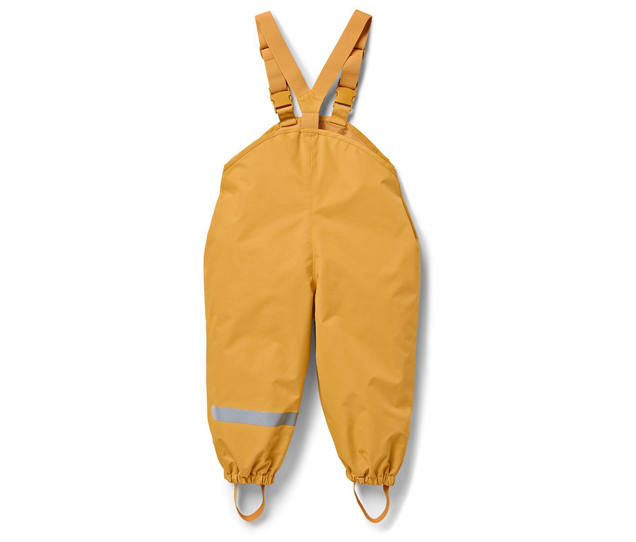 Zlaté dětské kalhoty do deště s laclem a reflexním pruhem na nohavici.