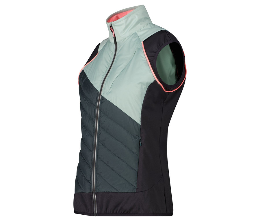 Zelená a černá prošívaná vesta s růžovými detaily.