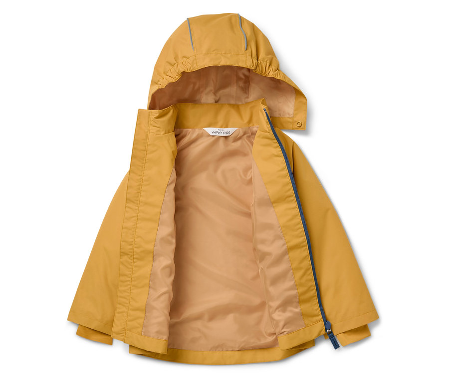 Žlutá bunda s kapucí a modrým zipem je otevřená.