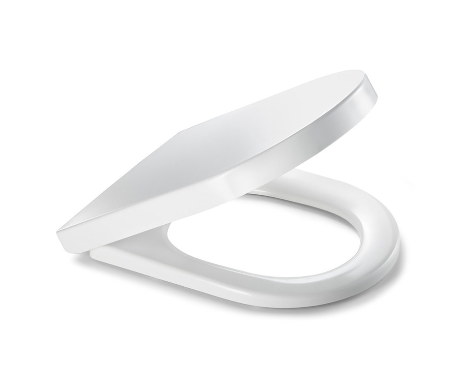 Bílé prémiové WC sedátko s automatickým sklápěním, zobrazené mírně otevřené.