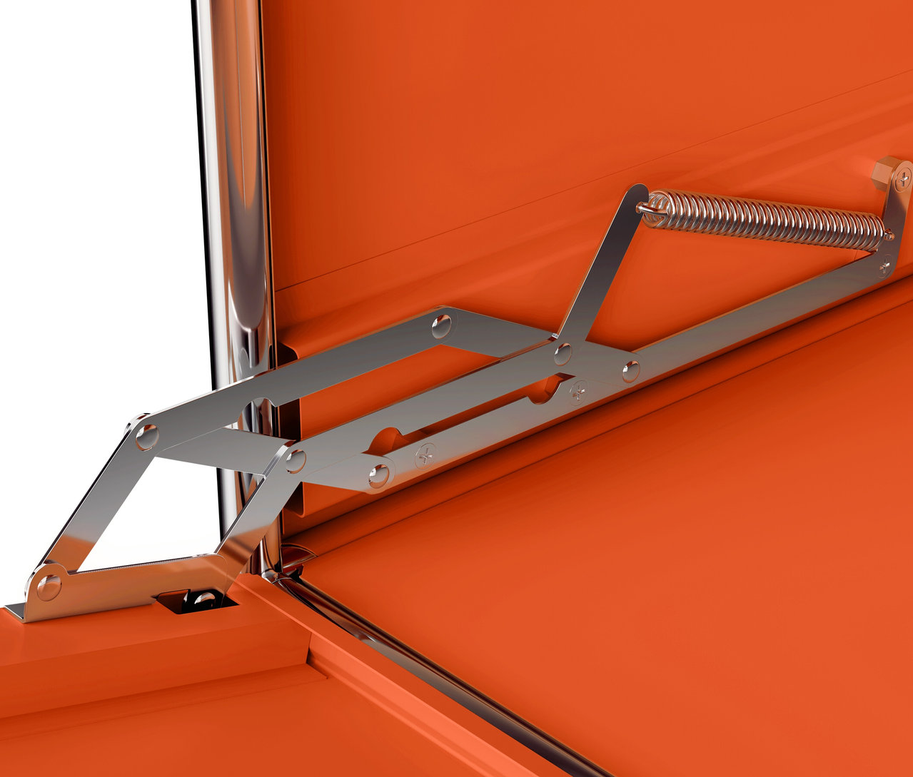 Detail interiéru oranžové kovové odkládací skříňky »CN3« s 1 výklopnými dvířky.