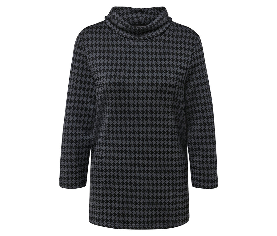 Šedé tunikové šaty s dlouhým rukávem a kohoutí stopou.