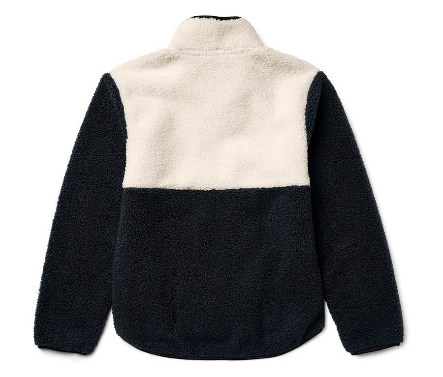 Dvoubarevná fleecová mikina s krátkým zipem, vrchní část je krémová a spodní tmavě modrá.