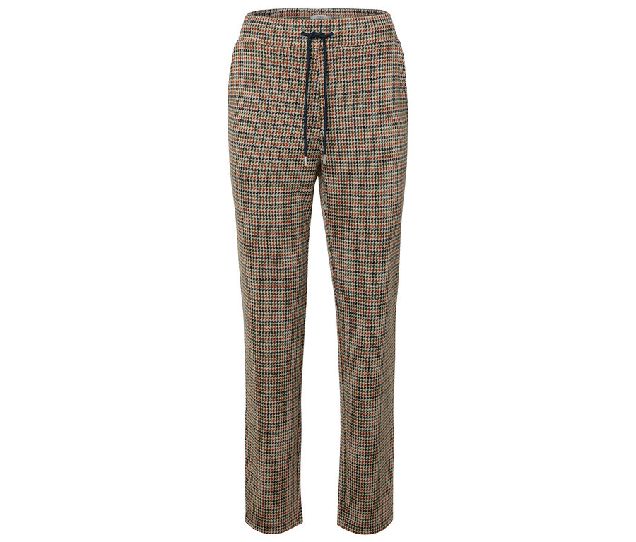 Hnědé kalhoty se vzorem kohoutí stopy a stahovací šňůrkou.