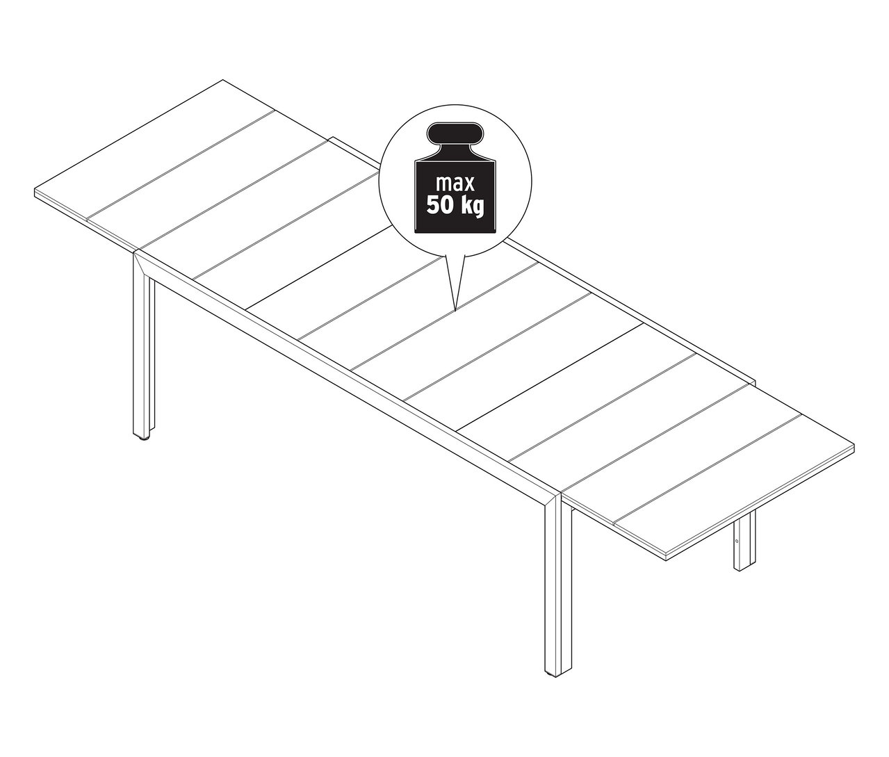 Ilustrace rozkládacího zahradního stolu se stolní deskou Duraboard, cca 200–300 cm, s maximální nosností 50 kg.