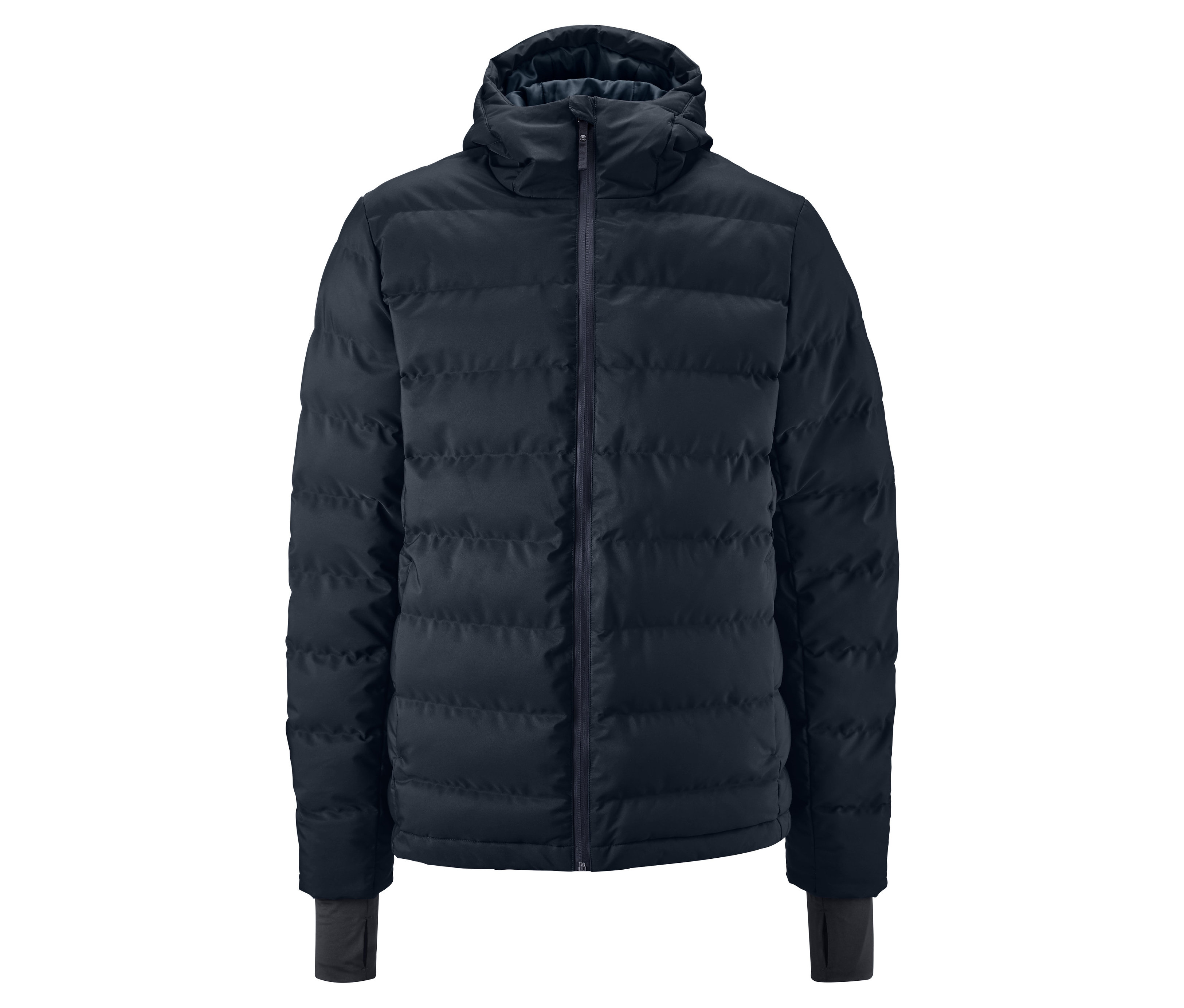 Tmavě modrá prošívaná bunda s kapucí na zip.