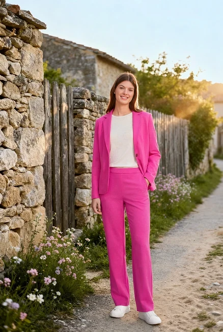 Žena má na sobě růžové sako a kalhoty s koženými teniskami a stříbrnými náušnicemi 925 se zirkonovým obloukem.