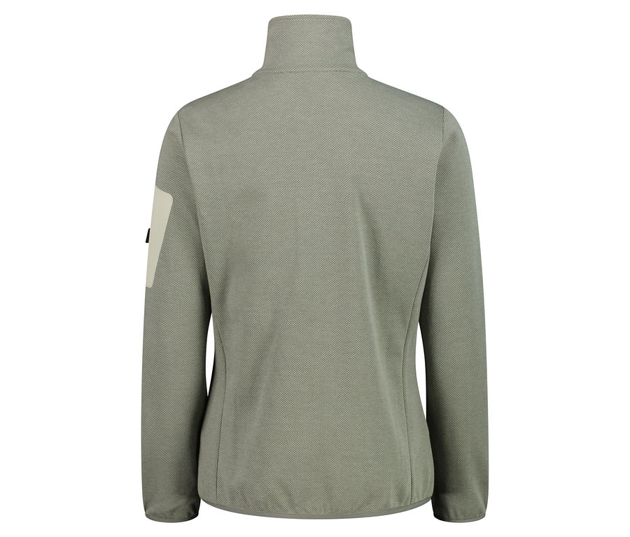 Pohled zezadu na khaki fleecovou bundu s vysokým límcem a zipem po celé délce.