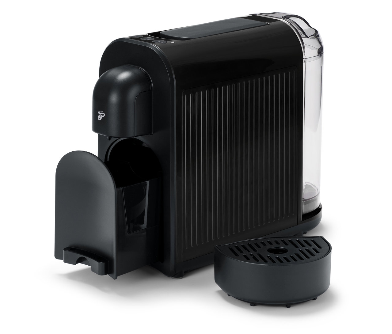 Černý kávovar Cafissimo now black s odnímatelnou odkapávací mřížkou a nádržkou na vodu.