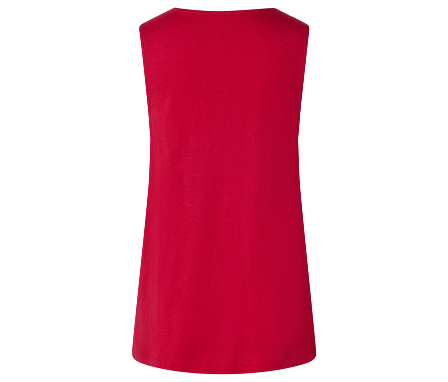 Pohled zezadu na červený top bez rukávů.