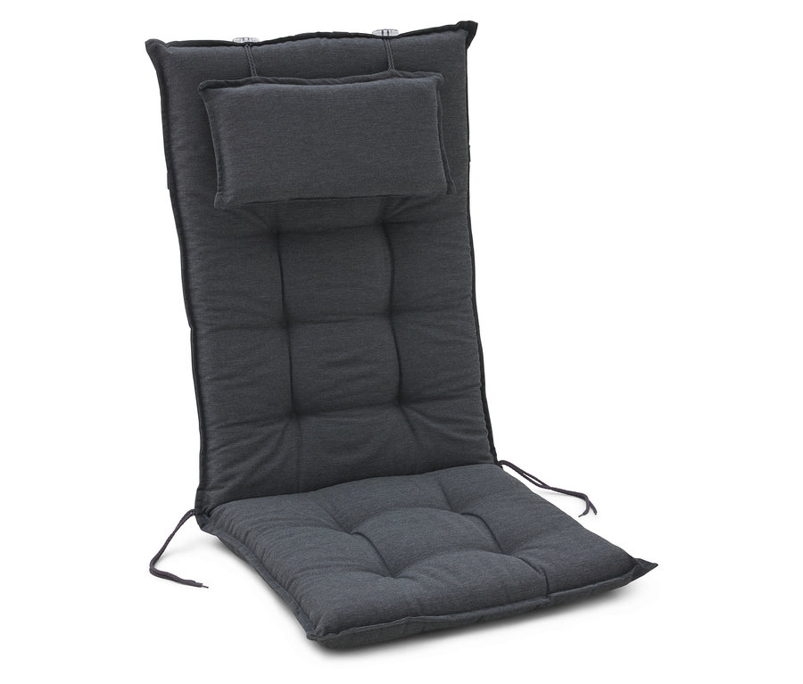 Jednotlivý šedý polstr na židli s opěradlem a opěrkou hlavy leží na bílém pozadí.