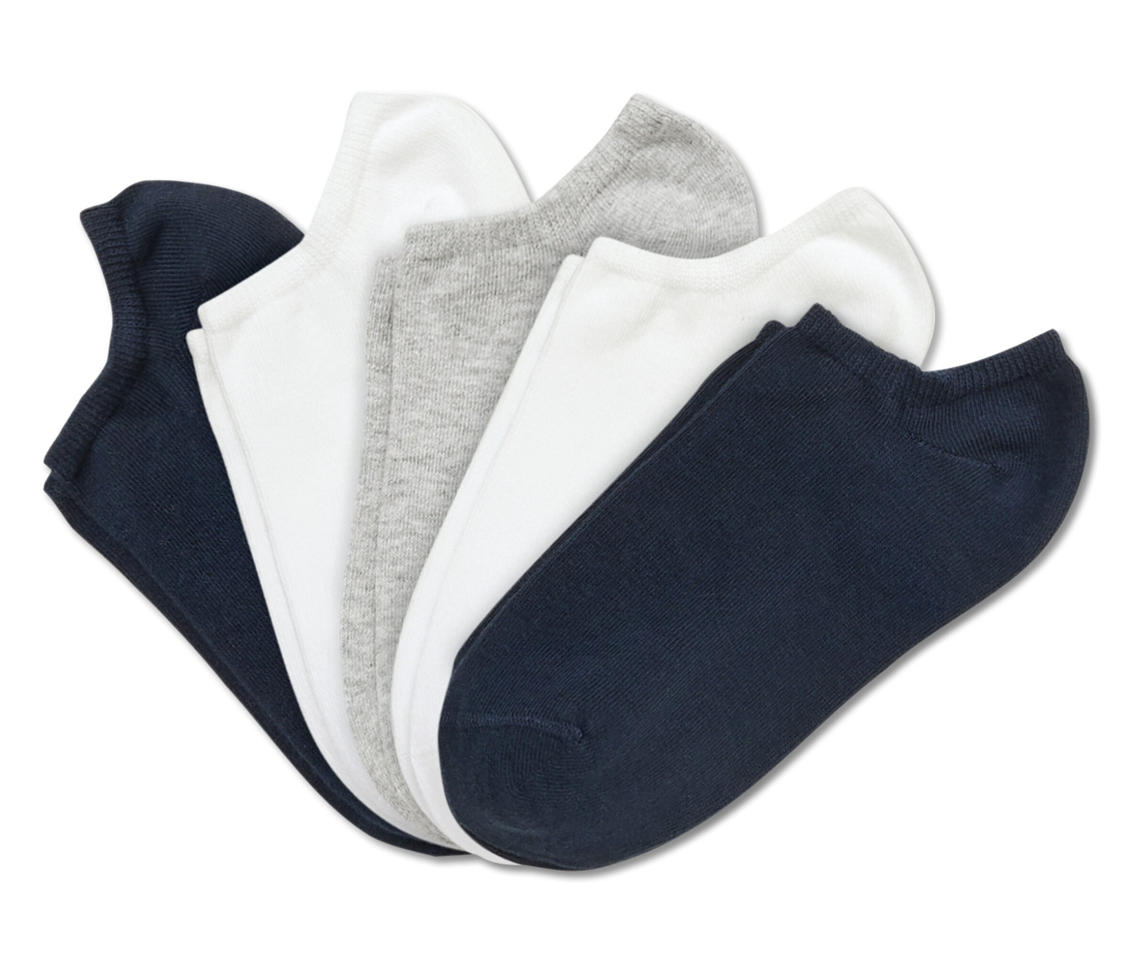Detailní záběr pěti párů ponožek v tmavě modré, bílé a šedé barvě.